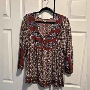 Lucky Brand Floral Pattern Three-Quarter Sleeve Top